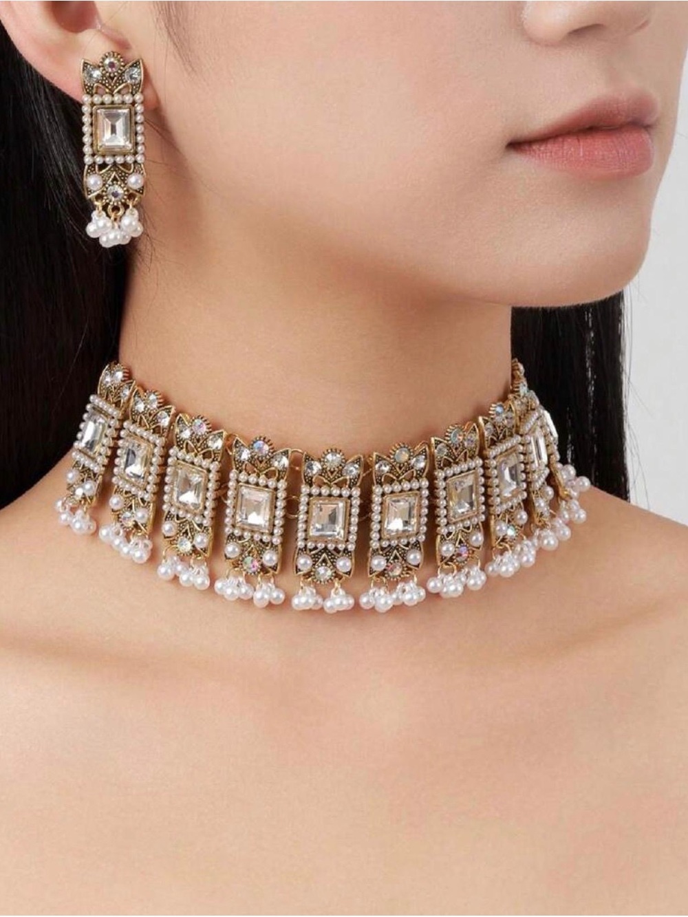 Gold and White Pearl Statement Kundan Choker